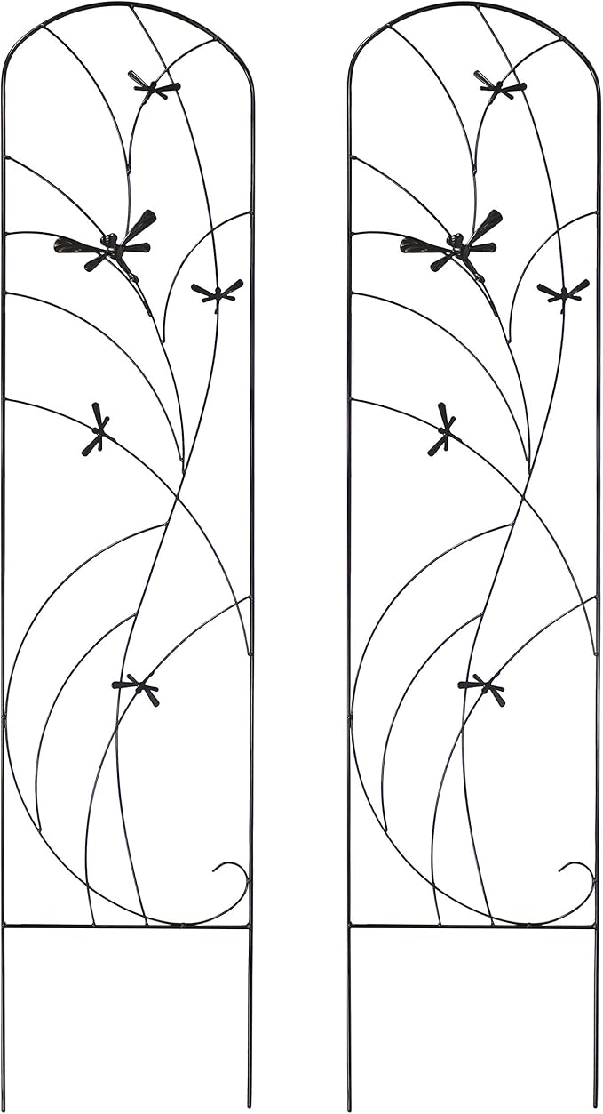 Sunnydaze 56-Inch Dragonfly Delight Outdoor Plant Trellis - Metal Garden Trellis for Climbing Plants - Set of 2 - Black