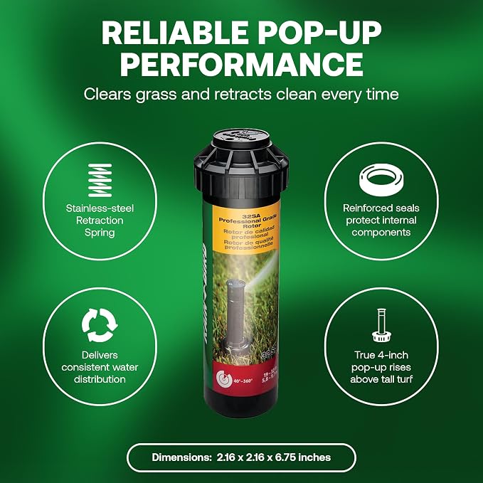 Rain Bird 32SA Simple Adjust Gear Driven Rotor Sprinkler Head, 4 Pack - with 1/2 inch Inlet - Water Efficient 4 inch Pop Up Lawn Sprinkler, Adjustable 40-360 Degree Spray Arc and 19-32 ft Radius