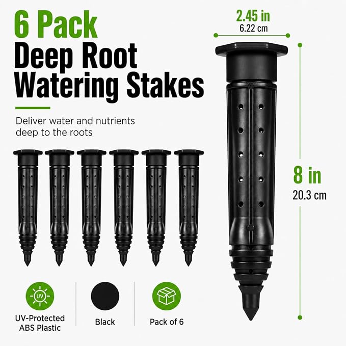 Junkin 6 Pack Tree Watering Stake Large UV Protected ABS Plastic Deep Root Irrigation Spike for Garden Shrubs Bushes Shrubs Flowers Fruits Vegetables Potted Plants (8 Inch)
