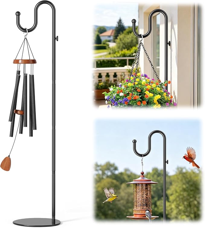 74" Shepherds Hook Stand, Adjustable Wind Chime Stand with Heavy Duty Base, Free Standing Plant Hanger Pole for Bird Feeders, Lanterns, Wreaths & Plants, Indoor Outdoor, Holds Up to 20 LBS, Black