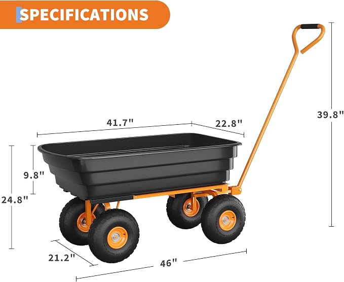 Heavy Duty Garden Dump Cart with 1200 Lbs Capacity – 4 Cu.Ft Yard Utility Wagon with 10" All-Terrain Tires, 180° Adjustable Handle & Quick-Release Tipping for Soils, Plants & Tools, Black