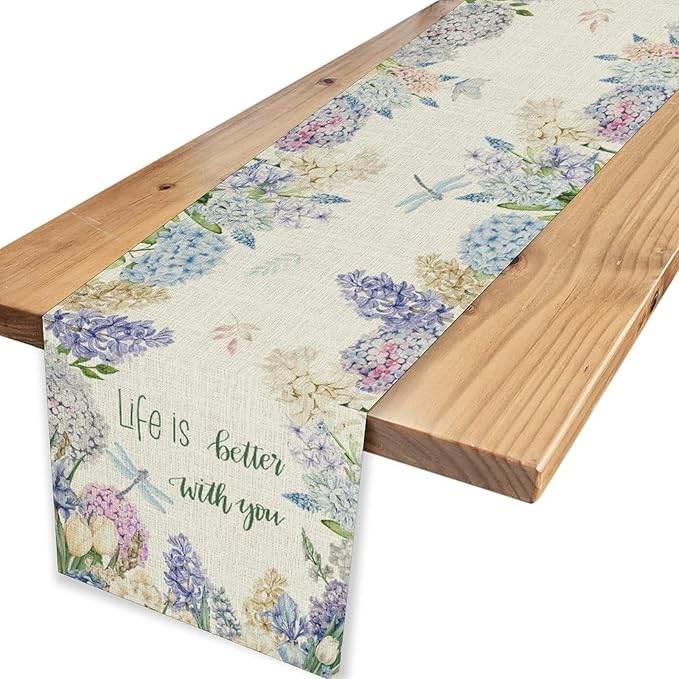 Blue Floral Table Runner, Rustic Country Watercolor Spring Summer Seasonal Hydrangea Flower Dragonfly Farmhouse Table Center Decor for Family Kitchen and Dining Party Table Decorations, 13"x36"