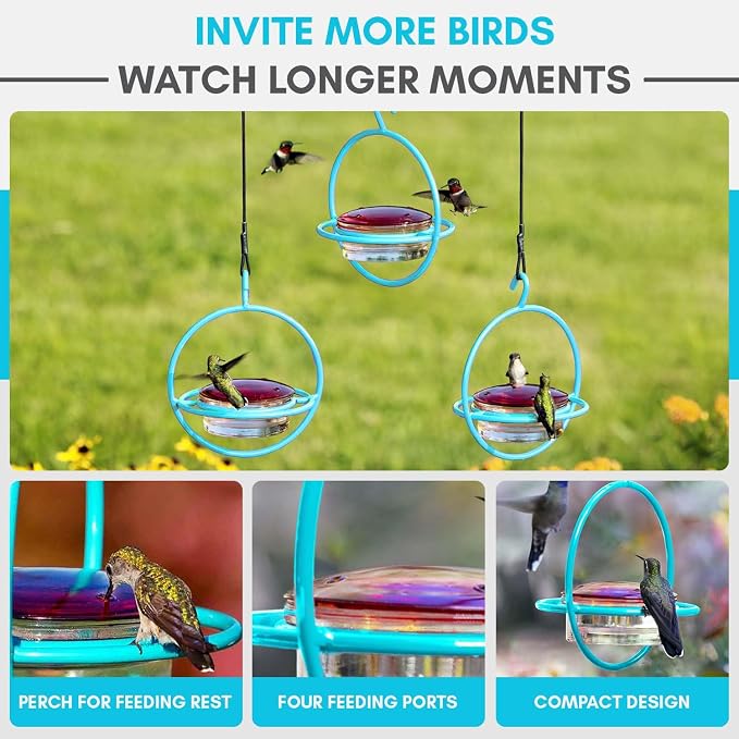 Hummingbird Feeder for Outdoors Hanging, 3.4 OZ Hummingbird Feeders, Glass Bowl with 4 Feeding Ports, Leak Proof Lid & Circular Perch, Bird Feeder (3, Aqua Blue)