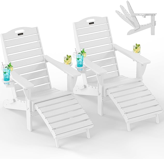 Ciokea Folding Adirondack Chair Set of 2 with Retractable Ottoman Fire Pit Patio Chair with Pull Out Foot Rest Weather Resistant Lawn Outdoor Chair with 2 Cup Holder (White)