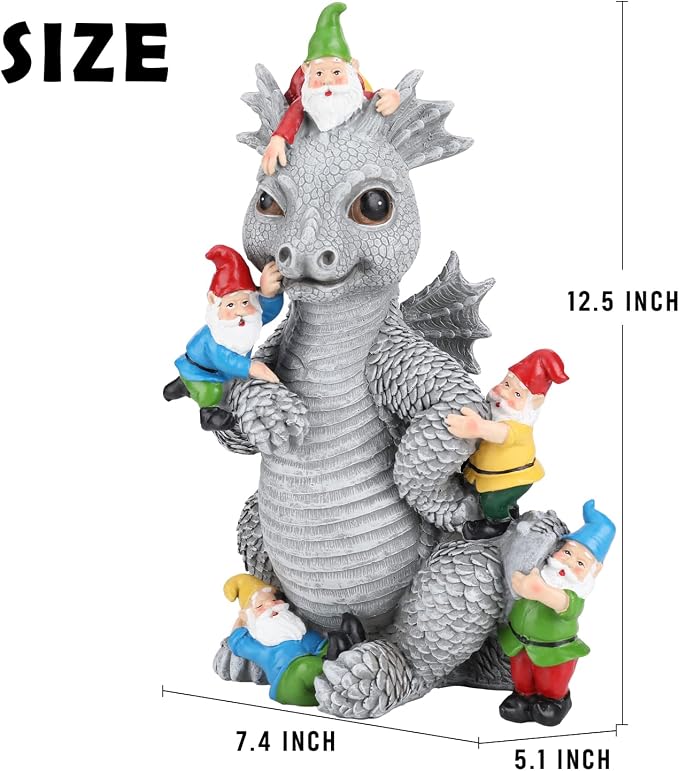 Dragon Gnome Statues Outdoor Decor, 13” Dinosaur Play with Gnomes Garden Statue, Outdoor Statue for Outside,Lawn Yard Decor, Gardening Gift