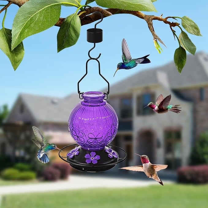 Glass Hummingbird Feeders for Outdoors Hanging Purple+Green