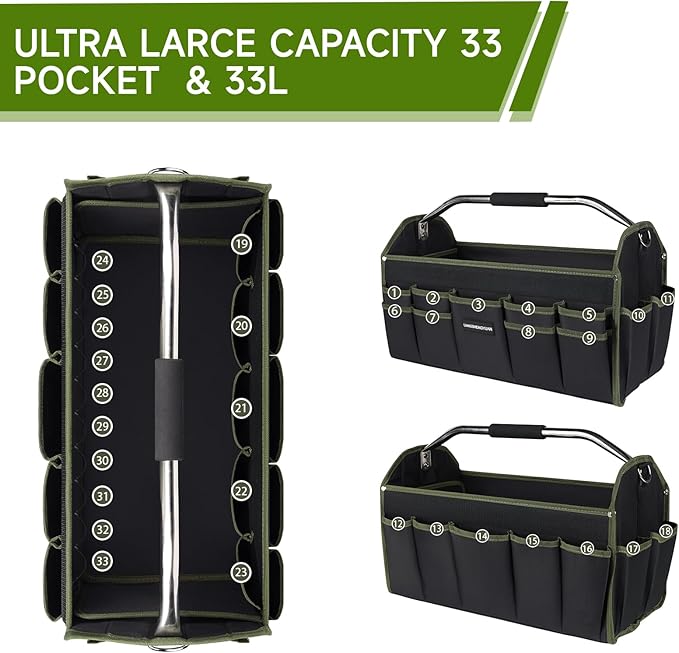 16 In Electrician Tool Bag, Foldable Bags For Men Heavy Duty, Open Top Tool Tote, 30 Pockets Can Hold Many fittings, Organizer Stainless Steel Handle and Removable Shoulder Strap