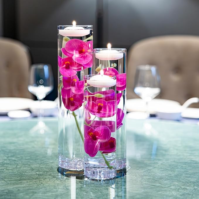 Floating Flower for Table Centerpiece Artificial Light Purple Orchid Glass Cylinder Vase Set with Floating Candles Fake Ice Cubes for Wedding Party Home Bar Restaurant Festival Decoration