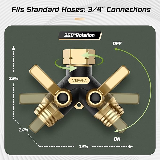 Hose Splitter 2 Way Heavy Duty,Garden Hose Splitter- Solid Brass Y Type with Dual Shut Off Valves,3/4" Standard Threads, Leak-Proof Dual Outlet Splitter for Sprinklers and Irrigation Systems