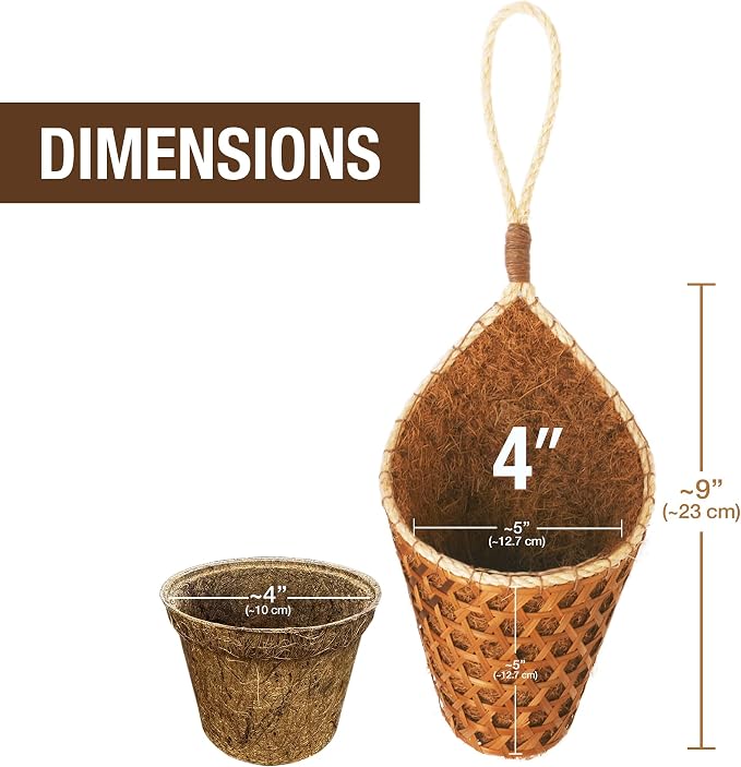 Thai Coconut Fiber Hanging Plants Flowers Basket for Patio Summer Outdoor Outside Decoration (4 Inch 2-Pack)
