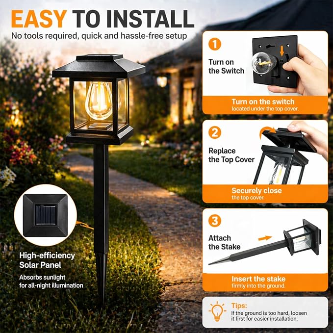 12-Pack Solar Pathway Lights - High-Efficiency Polycrystalline Panels for All-Night Glow - IP55 Waterproof Outdoor Landscape Lighting for Garden, Walkway & Driveway Security (Black)