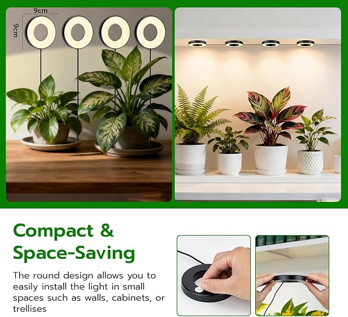 Mcbazel Ceiling Grow Lights for Indoor Plants, with 3/9/12H Auto Timer Switch, 3 Colors,10 Dimming, Quad Head, Corded, Mini Growing Lamp for Pot Plants, Succulents, Shelves
