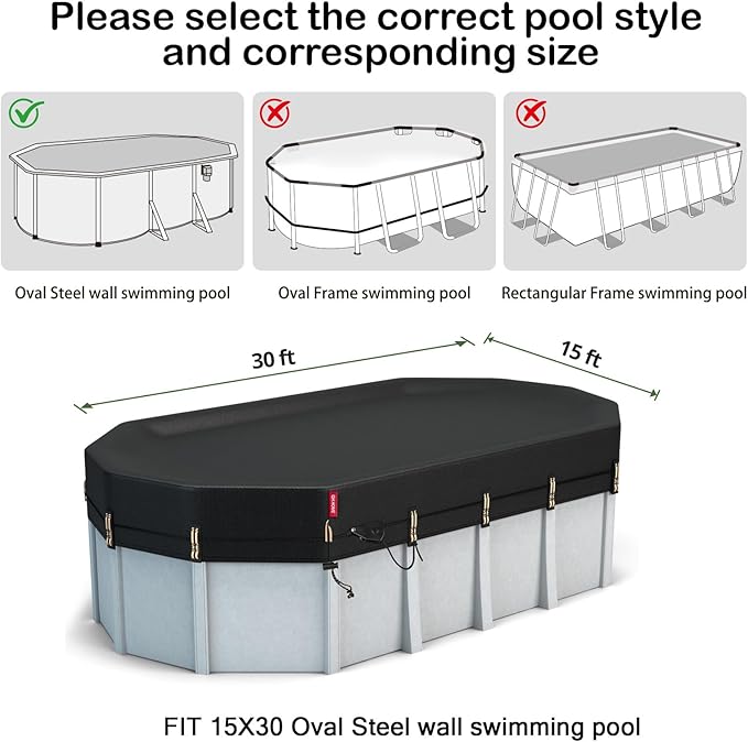 QH.HOME 15x30 Ft Oval Pool Cover for Steel Wall Pool,[Ultimate Windproof & Tear-Resistant Fabric],Snug Fit with Patented Ratchet & Weight Rings, Blocks Leaves &Waterproof