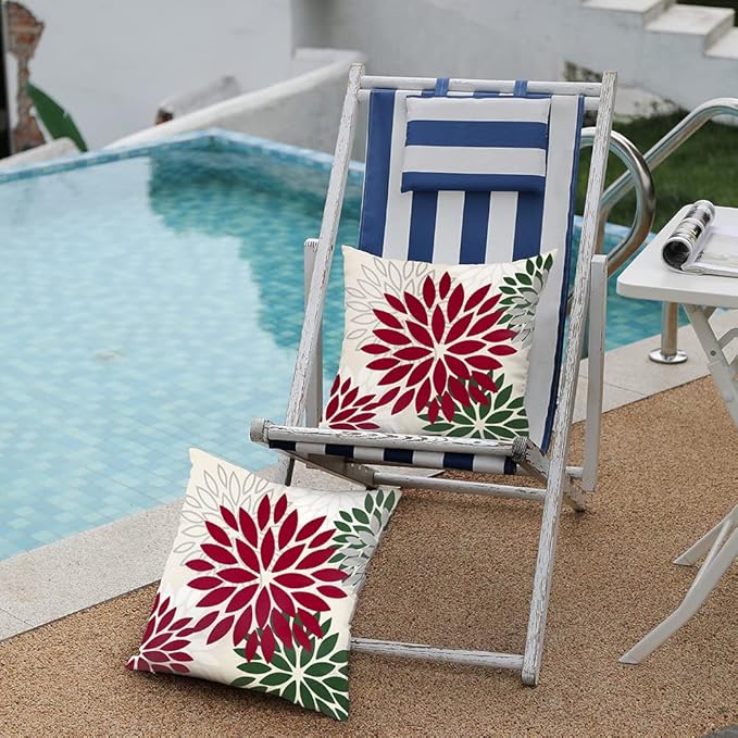 DFXSZ Wine red Dark Green Flower Pillow Covers 18x18 Inch Set of 2 Outdoor Throw Pillows Outdoor Waterproof Decor for Living Room Sofa Patio Funiture Garden Floral Polyester Pillow Covers 002W18