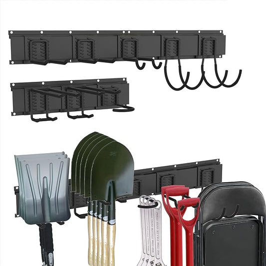 CBWLWJ Garage Tool Organizer Wall Mount, 64 inch Garage Wall Organizer, 660lbs Sturdy Garden Tool Organizer with 8 Adjustable Hooks, for Yard, Shed, Basement, Workshop(Black)