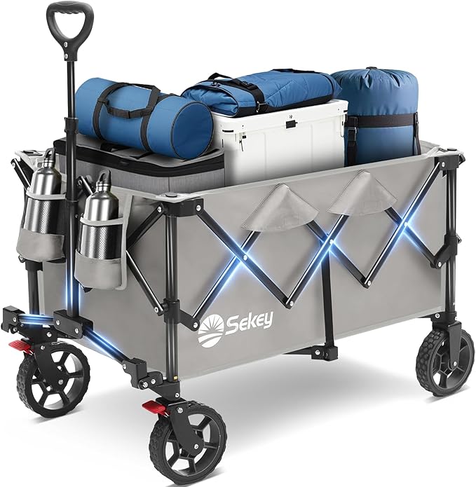 Sekey Collapsible Foldable Wagon with 330lbs Weight Capacity, Heavy Duty Folding Wagon Cart with Big All-Terrain Wheels & Drink Holders. Gray