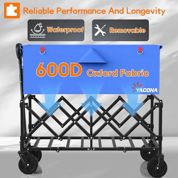 35" L Extra Long Wagons Carts Foldable, 360LBS Heavy Duty Collapsible Wagon with Wheels, Folding Wagon Portable Utility Cart for Groceries, Shopping, Camping, Sports (Blue, 180L)