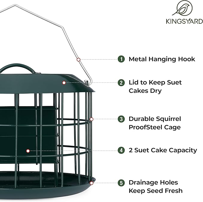 Kingsyard Squirrel Proof Suet Feeder, Cage Bird Feeders for Outdoors Hanging, All Metal, Double Suet Cake Capacity, Tray & Weatherproof, Green