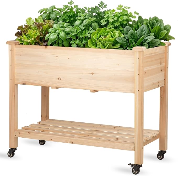 Raised Garden Bed with Lockable Wheels, 40x24x32 inch Elevated Wood Planter with Storage Shelf Protective Liner for Vegetable Flower Herb Outdoor Balcony Patio Backyard, Natural
