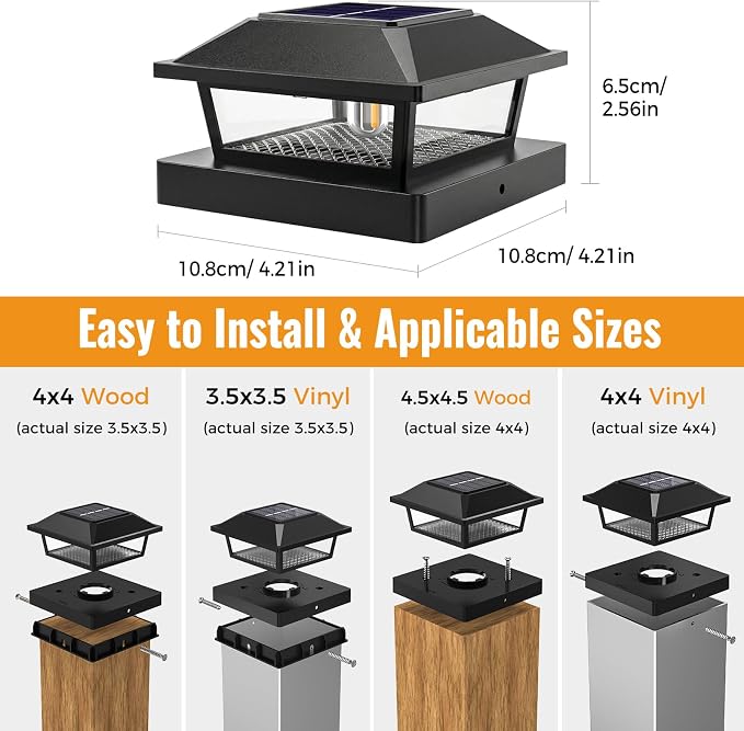 btfarm 4x4 Solar Post Cap Lights, 6 Pack Fence Deck Post Lights Outdoor Solar Powered Waterproof with Edison LED Bulb, Fits 4x4, 3.5x3.5 Wooden & Vinyl Posts for Porch Patio Yard(Warm White, Black)