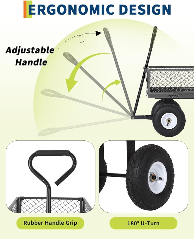 Garvee Versatile Outdoor Utility Cart-400LBS Heavy-Duty, 10" All-Terrain Pneumatic Tires, Easy Maneuverable Lawn Cart with Removable Mesh Panels for Gardening&Landscaping, Grey, with Waterproof Liner
