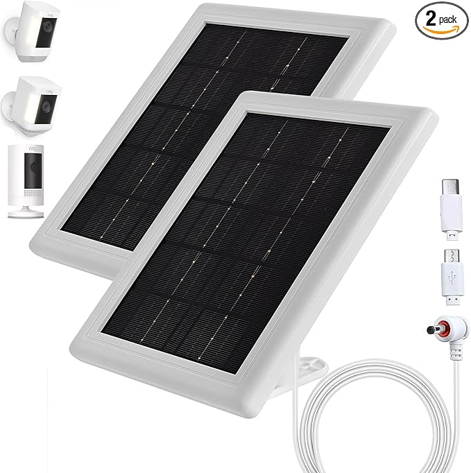 Ring Camera Solar Panel Charger, 5V 3.5W Solar Charger Compatible with Ring Spotlight Cam Stick Up Cam Battery Outdoor Wireless Surveillance Camera, 16.4ft Cable (White, 2 Pack)