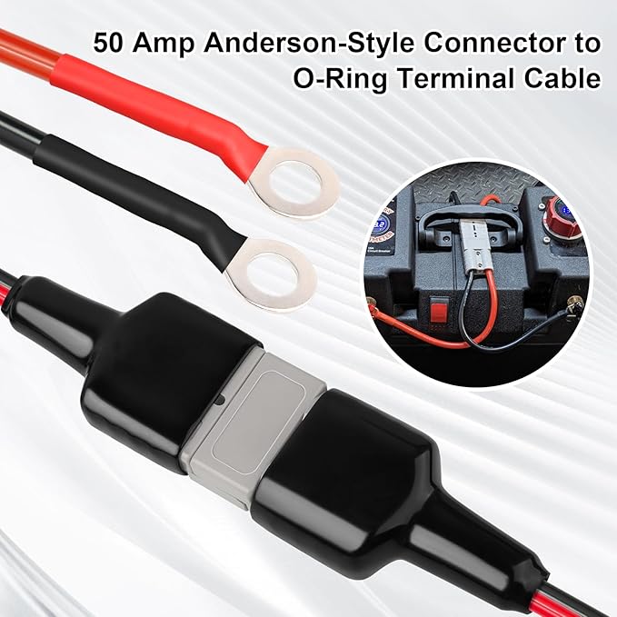 XRDS -RF 8AWG Battery Quick Connect Cable 15 FT, 50 Amp Anderson-Style Connector to O-Ring Terminal, for Solar, RV, EV, and Backup Power Systems
