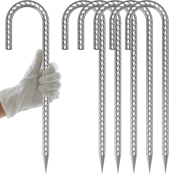 AAGUT Rebar Stakes 12 Inch J Hook Heavy Duty 6 Pack, 5/16 Inch Galvanized Metal Steel Ground Anchors Chain Link Fence Stakes for Camping Tent, Inflatables, Yard Decorations, Canopies & Swing Sets