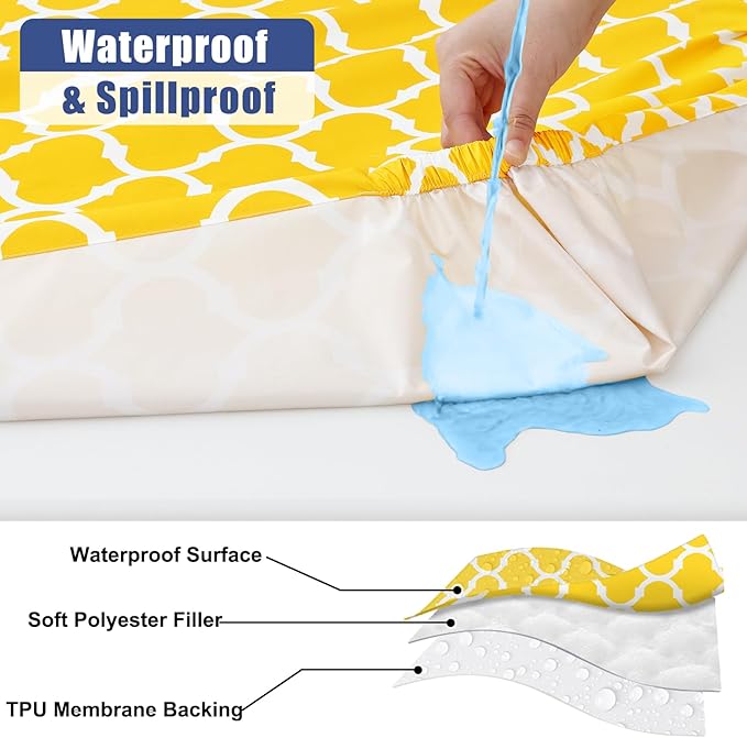 Smiry Picnic Table Cover with Bench Covers, Waterproof Elastic Fitted Tablecloth for 8 Foot Tables, Washable Polyester Tablecloths for Camping, Indoor & Outdoor (Yellow, 30x96 Inch 3-pc Set)