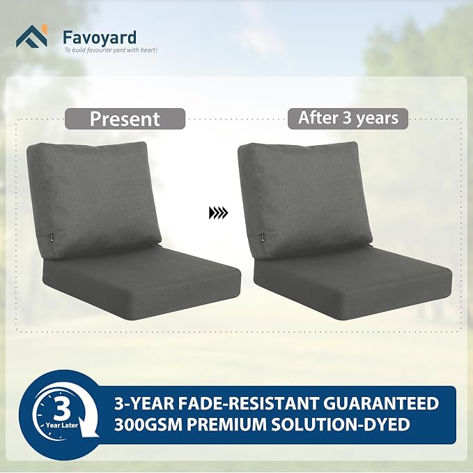 Favoyard Deep Seat Patio Cushions Rainproof & Fadeness Furniture Cushion Set for Outdoor with Polyester-Linen Fabric & Removable Cover, Hidden Zipper and Adjustment Straps（Seat 22x22In Back 22x18.5In）
