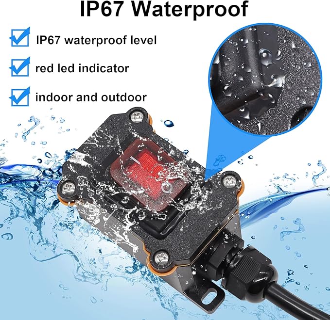 TWTADE IP67 Waterproof Inline Cord Switch with 4ft 18AWG Cable Piggyback Plug(3-Pronged), Extension Cord with Switch On/Off, Outdoor Power Switch with Red Light Rocker Button 20A/125V 16A/250V AC
