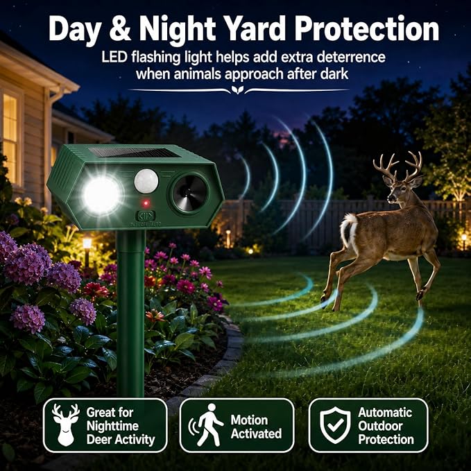 2026 Sonic Fortress Pro Deer Repellent Device Solar Ultrasonic Animal Repellent with Motion Sensor&Flash Light,Squirrel Fortress Pro Raccoon,Rabbit Repellent for Plants,Vegetables Yard 4 Pack