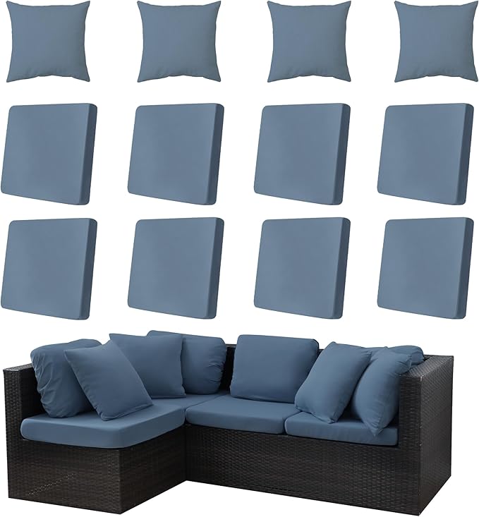 12-Piece Outdoor Cushion & Pillow Cover Set, 8 Seat Covers + 4 Pillow Covers, Stretch Patio Furniture Slipcovers for Sofa Sectional Chair