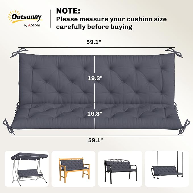 Outsunny 59" x 38" Tufted Bench Cushion for Outdoor Furniture, 3-Seater Replacement for Swing Chair, Patio Sofa/Couch, Overstuffed, Includes Backrest, Dark Gray