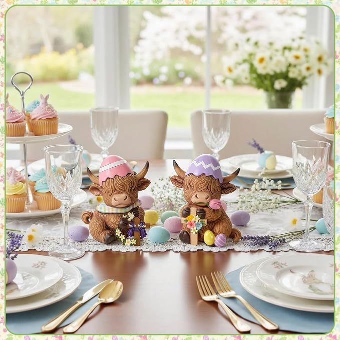 Simgoing 2 Pack Easter Highland Cow Figurines, He is Risen Figurines Highland Cow Decor Spring Home Table Decorations with Egg and Cross Calf Lovers Easter Gifts for Holiday Centerpieces Ornament