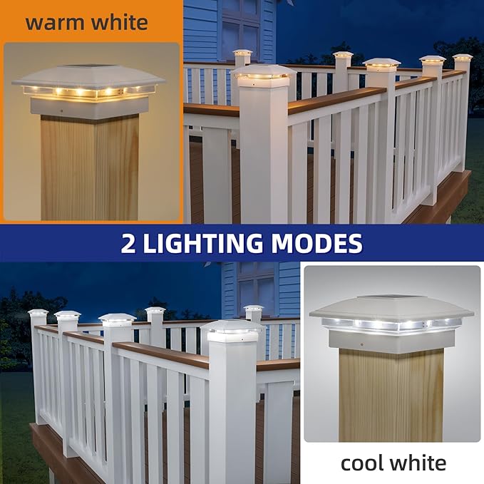 APONUO 12 Pack Solar Post Cap Lights, 2 Modes(Warm/Cool Light) Outdoor Waterproof Fence Post Solar Lights, Solar Powered Garden, Patio, Deck Decor for 4x4, 5x5, 6x6 Wood & Vinyl Posts, White