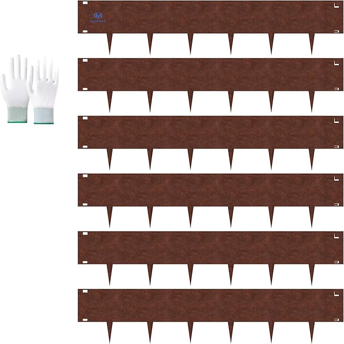 20ft. Metal Edging for Landscaping, 6 Pack 8 inches Rusted Cor-Ten Steel Edging for Landscaping a Pair of Gloves, Bendable Hammer-in Steel Landscape Edging for Fence, Garden, Yard, Park, Law