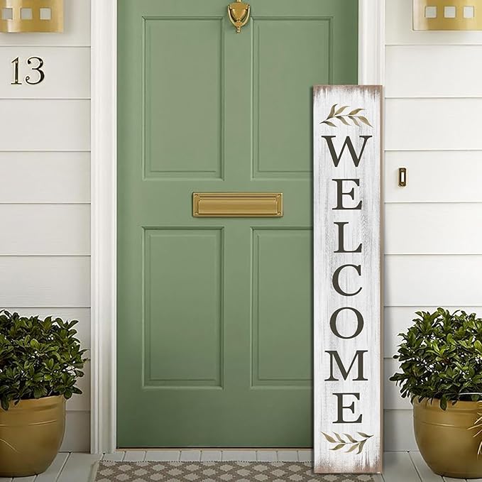 Summer Welcome Sign for Porch 47" Retro White Wooden Door Sign for Outdoor Decoration Rustic Cabin Large Porch Signs For Patio Farmhouse Vertical Signs for Seasons Standing Yard Signs for Garden