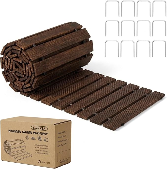 Wooden Garden Pathway Outdoor Walkway - 12 FT Roll Out Outdoor Pathway with Ground Stakes, Boardwalk Pavers for Outside Walkway, Non-Slip Garden Path for Backyard Decor, Lawn Landscaping, Brown