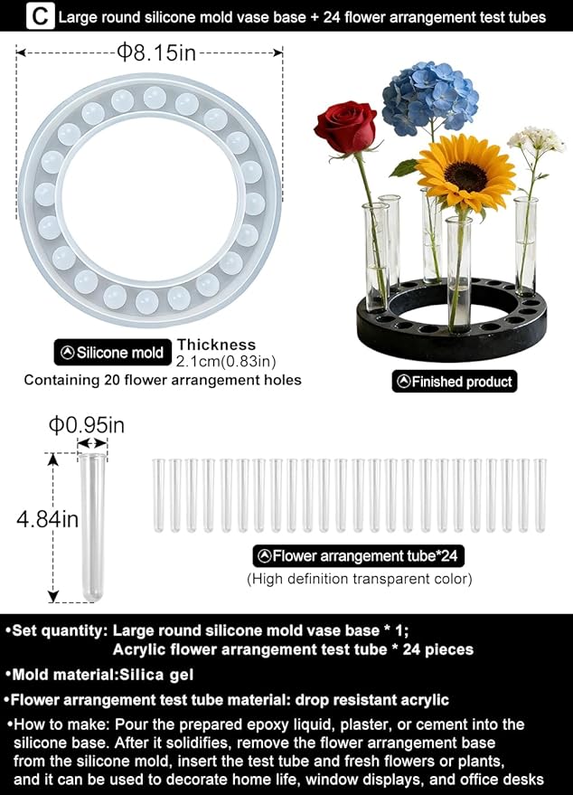 Flower Vase Resin Molds Silicone， Circular and Curved Silicone vase Base+32 Flower Arranging Test Tubes, Suitable for Inserting Fresh Flowers and Cultivating Plants, Desktop Vases Home Decor (C)