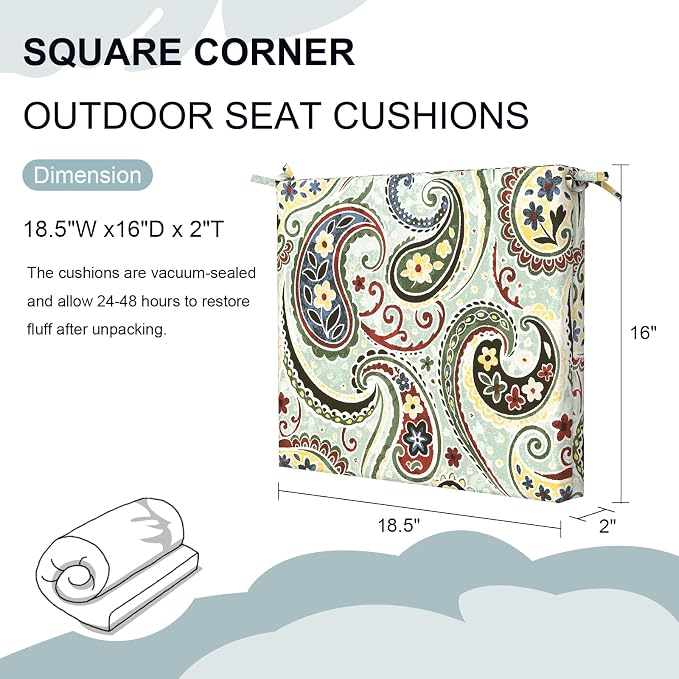 DYTXIII Set of 2 Outdoor Chair Cushions, Water Resistant 18.5"x16"x2" Square Seat Cushion for Patio Dining Chairs, High-Density Replacement Pads for Indoor Outdoor Furniture - Paisley Lightcyan