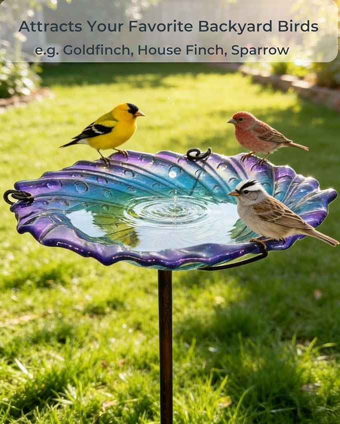 Blue Glass Bird Bath for Outside with Metal Stake 10.5" | Shallow Decorative Garden Birdbath Bowl or Feeder for Backyard Patio Lawn | Outdoor Water Dish for Small Birds