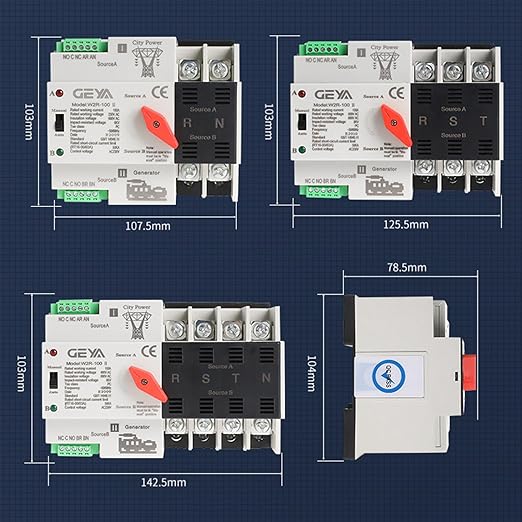 GEYA Mini ATS Automatic/Manual Transfer Switch, Solar Auto Dual Power Over & Under Voltage Switch 50/60Hz Grid to AC Generator(2Pole 63A 110V)