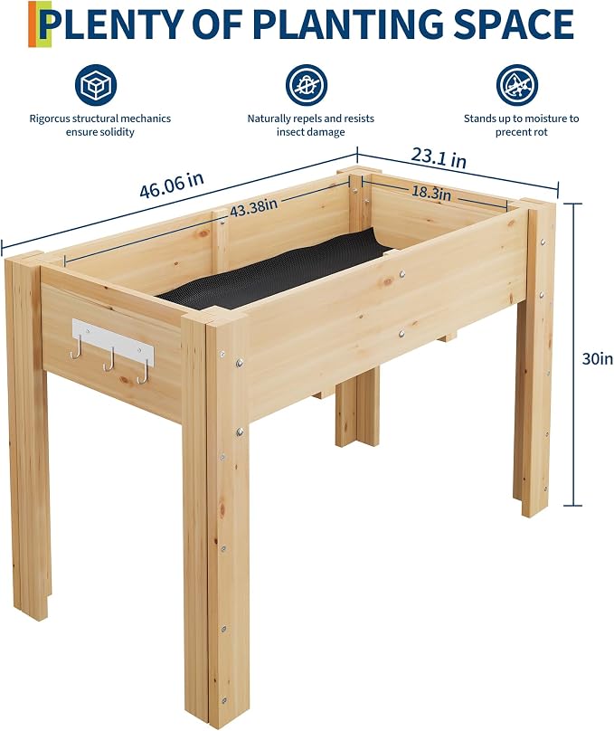48x24x30IN Wooden Raised Garden Bed with Legs, Elevated Reinforced Large Planter Box for Vegetable Flower Herb Outdoor, Standing Growing Bed for Gardening/Backyard/Patio/Balcony, Liner Included