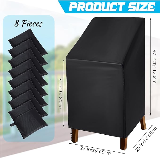 Moukeren 8 Pcs Black Outdoor Chair Cover Waterproof Stacking Patio Chair Cover for Lounge Furniture Lawn 210D Oxford Cloth 25" L x 25" W x 47" H