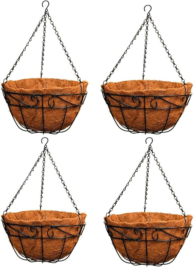 Ashman Metal Hanging Planter Basket with Coco Coir Liner Round Wire Plant Holder Chain Porch Decor Flower Pots Hanger Garden Decoration Indoor Outdoor Watering Hanging Baskets (4)
