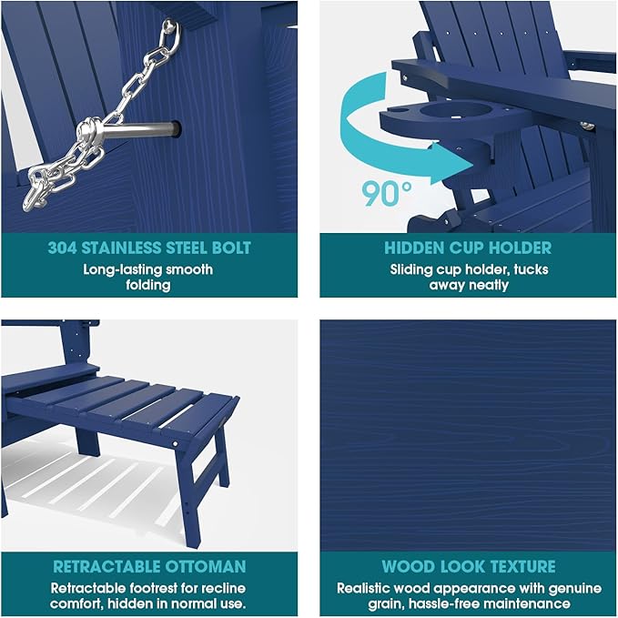 THOEOE Folding Adjustable Adirondack Chairs with Ottoman & 1 Cup Holders Set of 2, HDEP Multifunctional Adirondack Chair with Footrest,Navy Blue