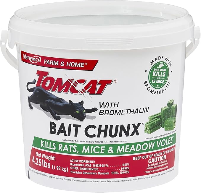 Tomcat with Bromethalin Bait Chunx Pail - Rat & Mouse Bait, Rat and Mice Control for Agricultural Use and Professional Applicators, 4.25 lbs.