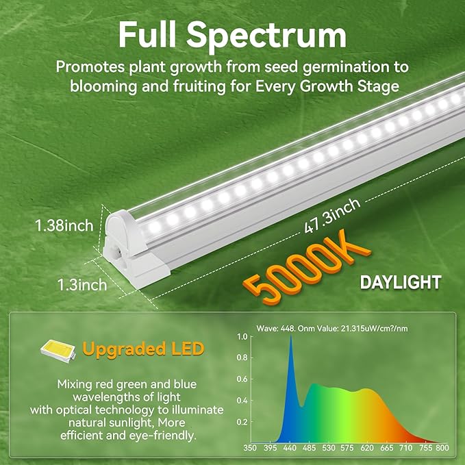 4FT Grow Lights for Indoor Plants,T8 5000K Full Spectrum Plant Light,270W(6 x 45W), LED Grow Light Strips with Timer, Aluminum Reflector, Linkable,Plant Growing Lamp Fixture for Greenhouse Indoor 6pcs