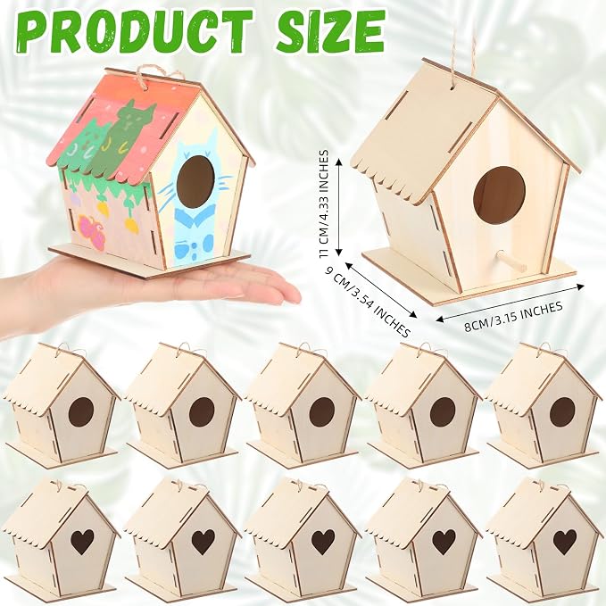DoubleFill 100 Pack 4.33'' Wooden Bird House Craft Kit for Kids Spring DIY Birdhouse to Build and Paint Unfinished Hanging Birdhouse Bulk Spring Summer Bird Feeder for Class Creative VBS Crafts